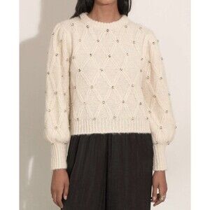 Eleven Six Zaria Ivory Beaded Baby Alpaca Knit Keyhole Back Crewneck Sweater M/L